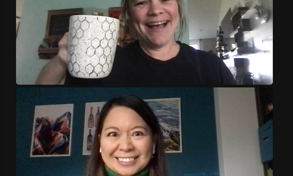 50 Cups of Coffee Zoom chat between Marlynn Jayme Schotland and Kristi Dadekian.