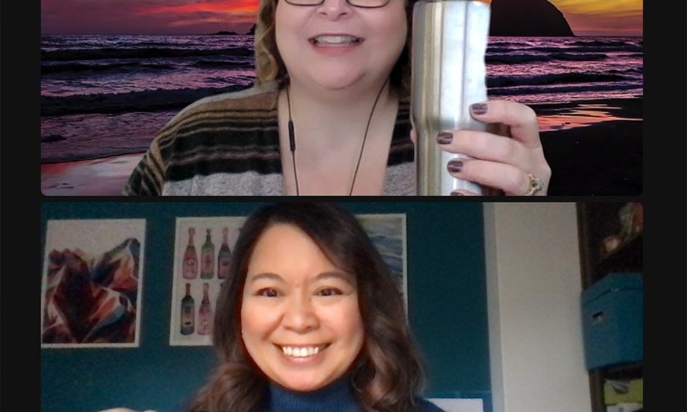 Marlynn Jayme Schotland and Tina Roberts holding coffee mugs on a Zoom call.
