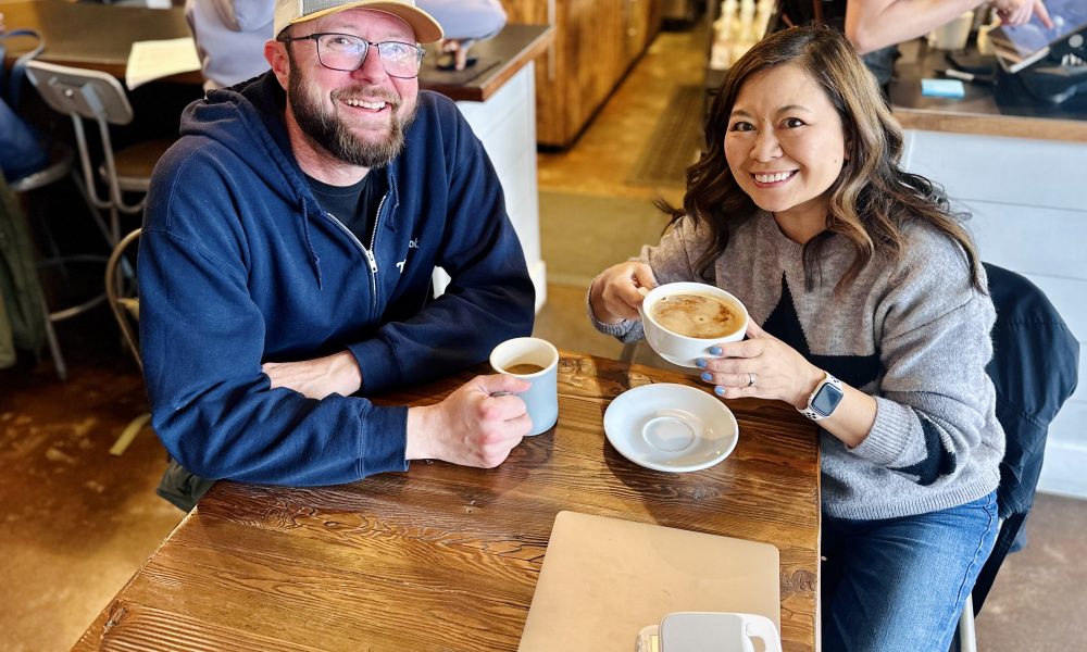 Adam Sawyer and Marlynn Jayme Schotland having coffee together at Lionheart Coffee in Beaverton, Oregon.