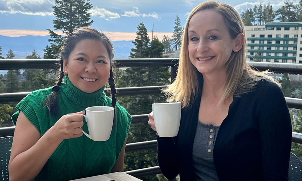 Marlynn Jayme Schotland having coffee with Mary Cresslery.